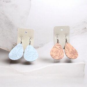 Handcrafted Teardrop Floral Earrings - Gray Grey Tan set of 2 pair Embossed